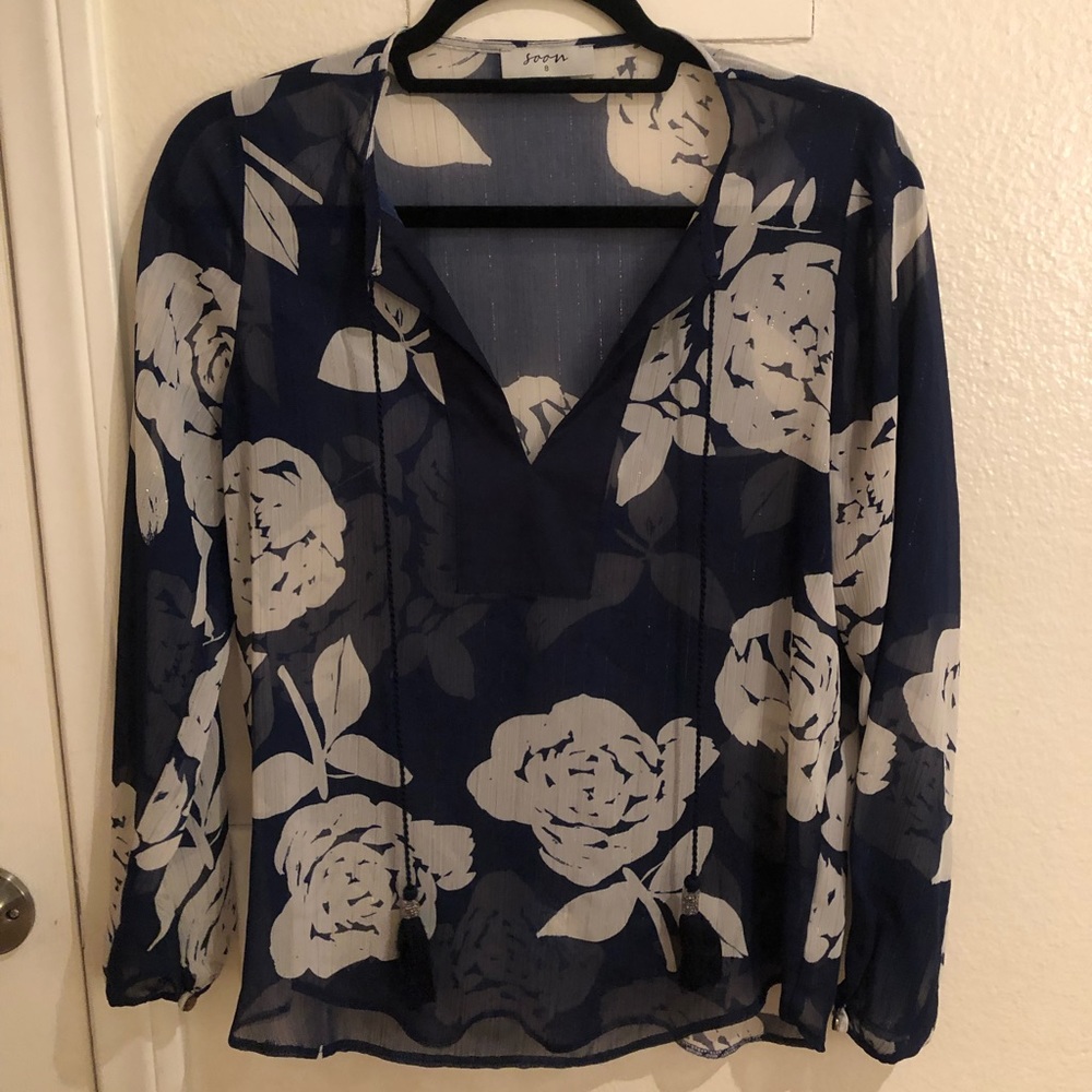 Navy and White Floral Long Sleeve Blouse w Tassel